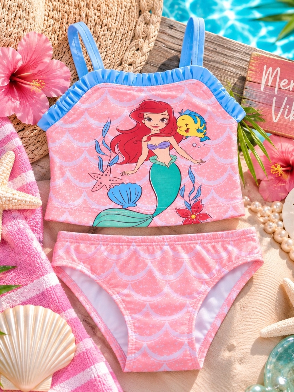 NWT Disney Princess Ariel Little Mermaid Pink 2-Piece Swimsuit Tankini Set 2T